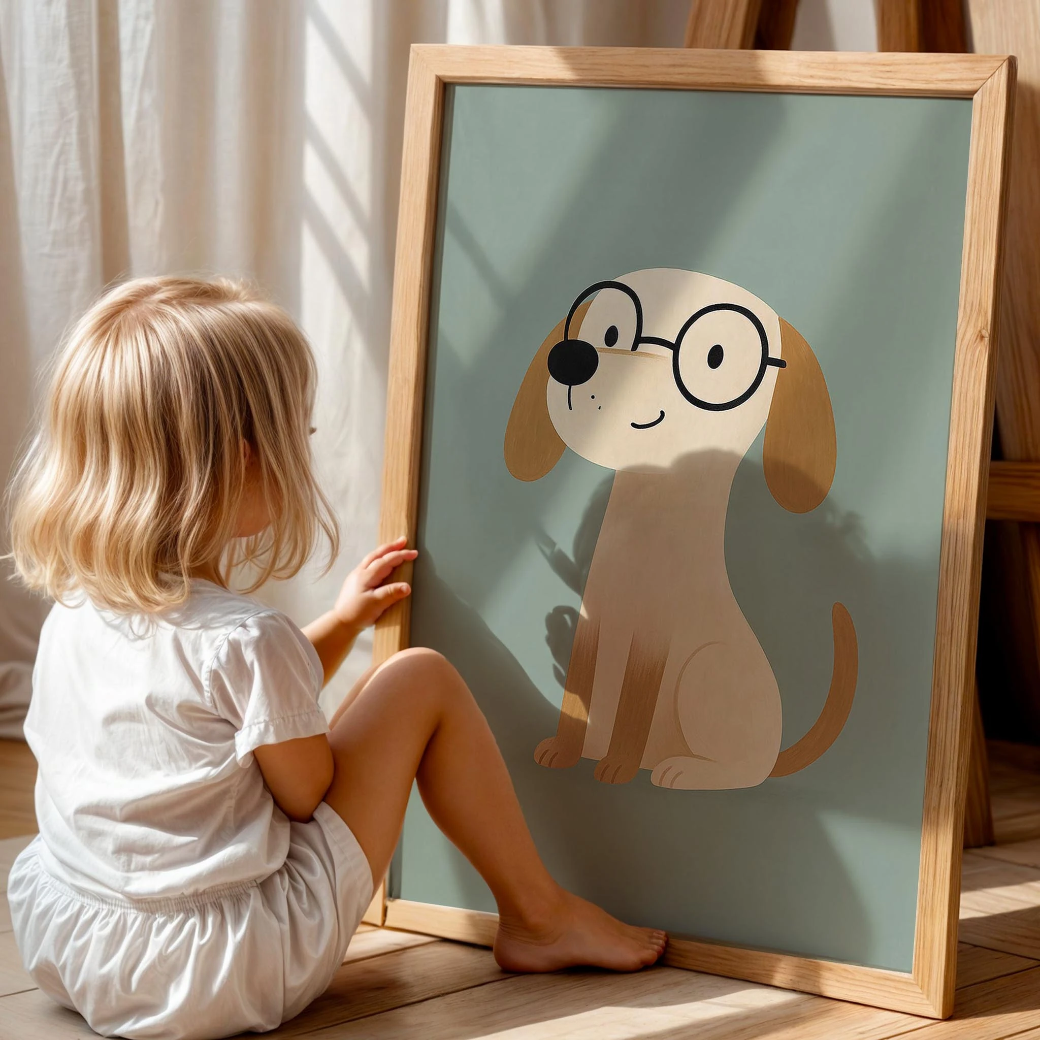 Sevimli Köpek Yeşil Fonlu Hayvan Temalı Erkek Çocuk Odası Ahşap Tablo