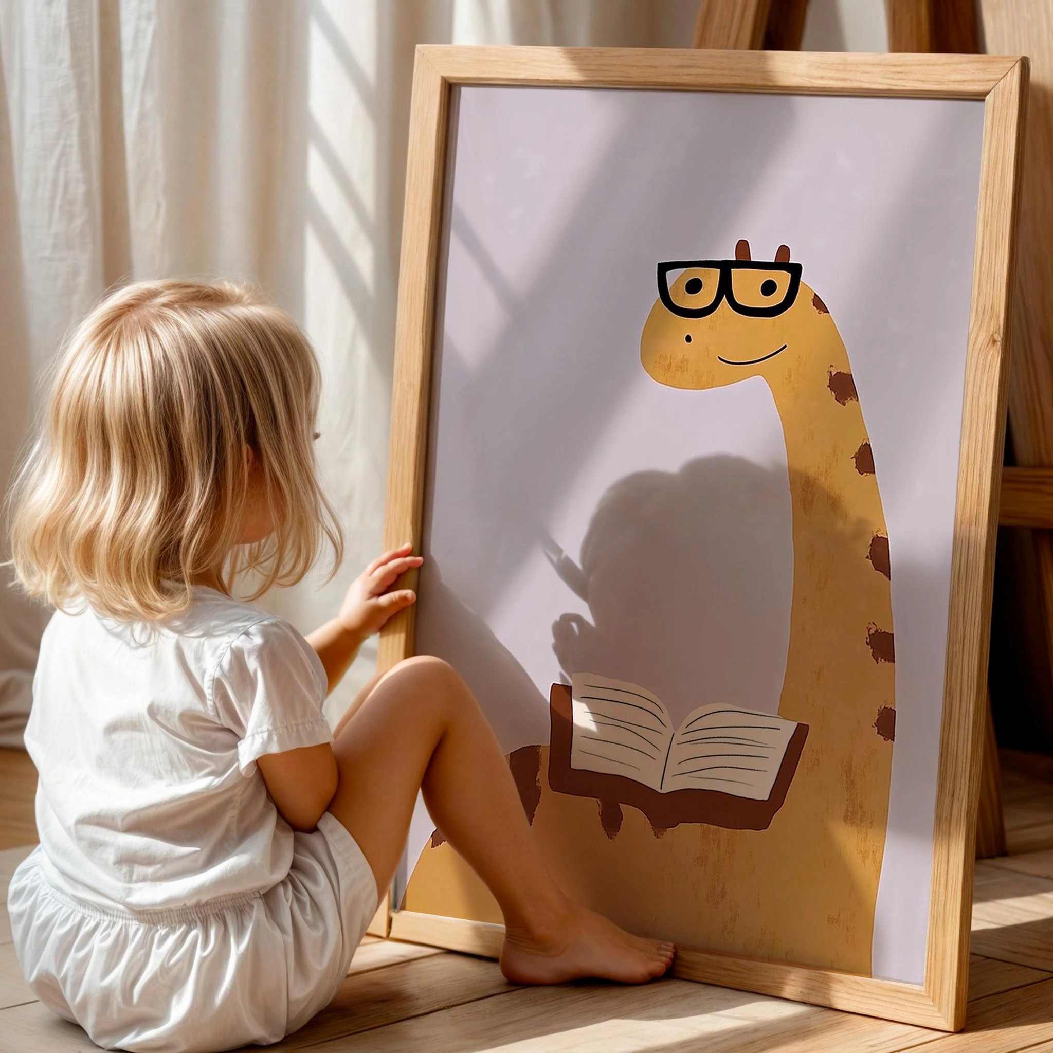 Kitap Okuyan Dinozor Temalı Mor Fonlu Çocuk Odası Ahşap Tablo