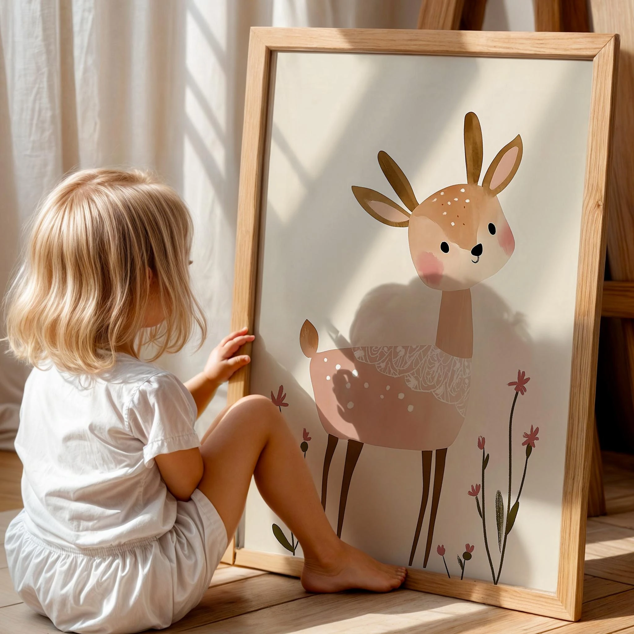 Sevimli Ceylan ve Çiçekler Bohem Kız Çocuk Odası Ahşap Tablo