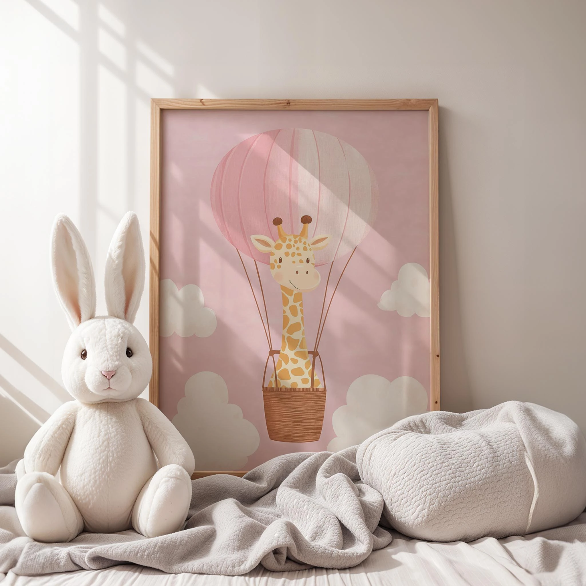 Uçan Balon ve Zürafa - Pembe Fon