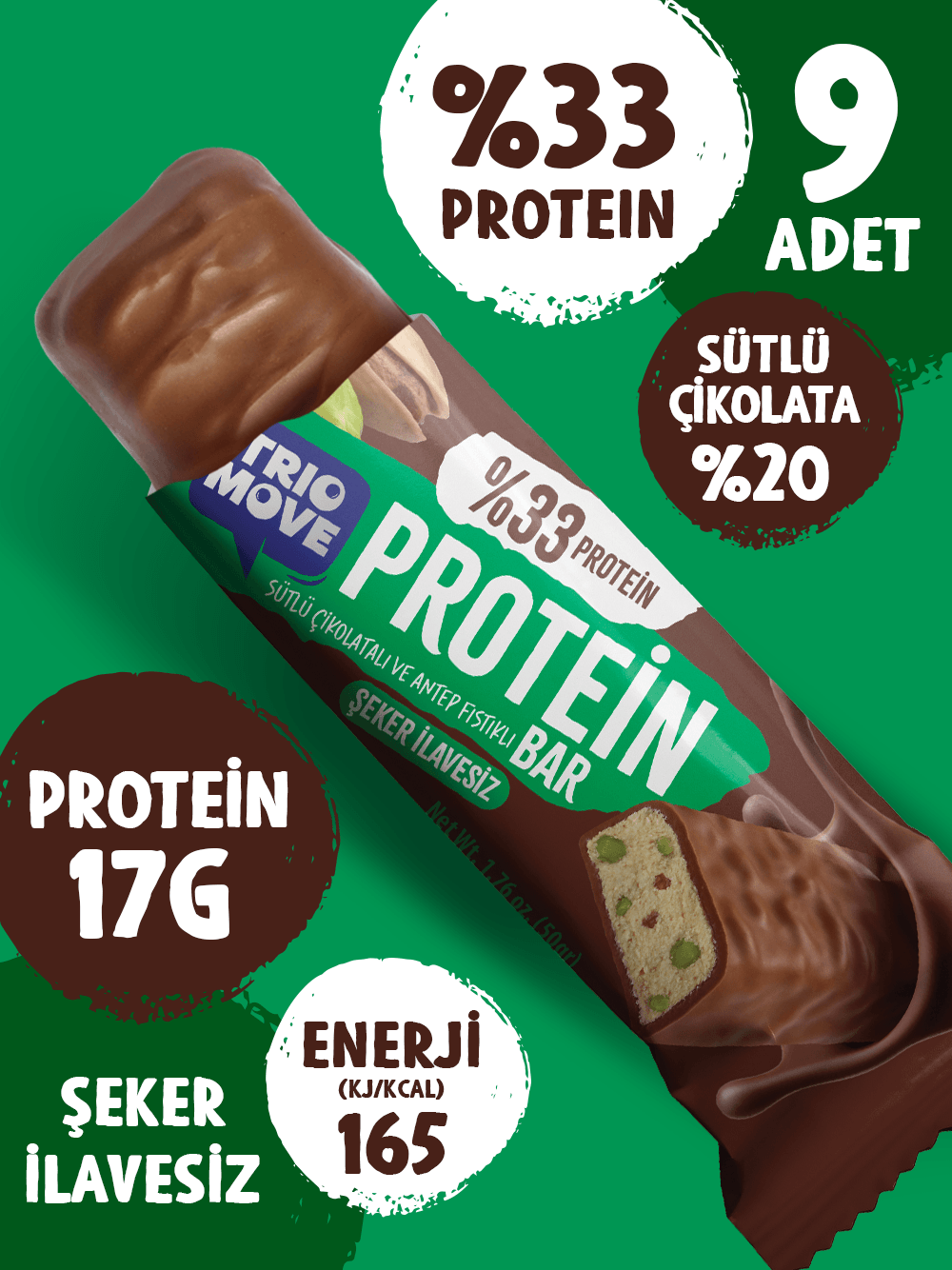 Çikolata Kaplamalı Protein Bar - Antep Fıstıklı ve Sütlü Çikolatalı, %33 Protein, 50 g x 9 Adet