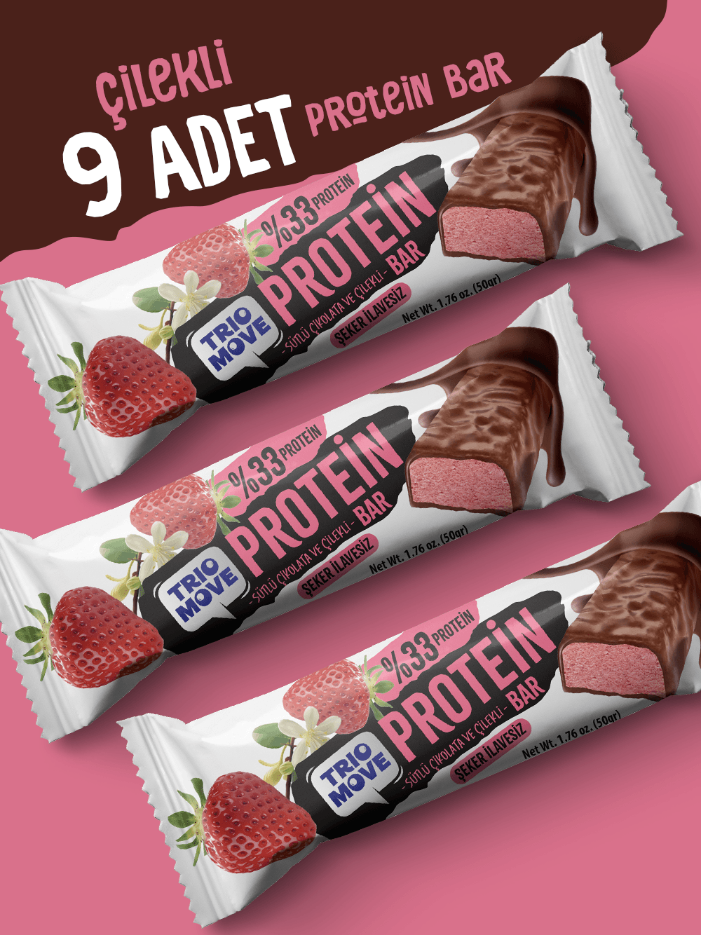 Çikolata Kaplamalı Protein Bar - Çilekli ve Sütlü Çikolatalı, %33 Protein, 50 g x 9 Adet
