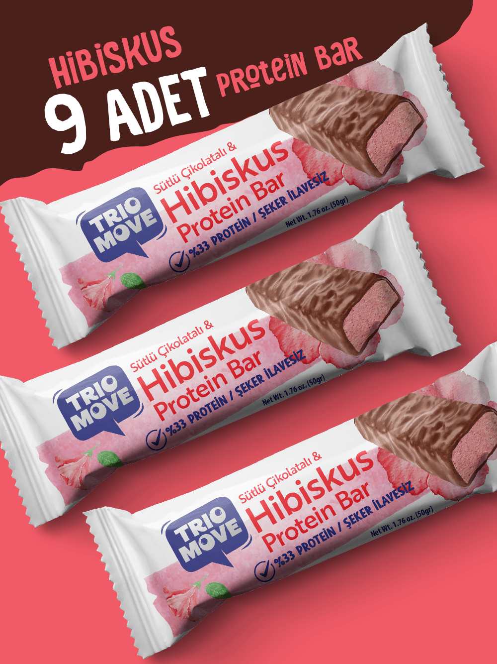 Çikolata Kaplamalı Protein Bar - Hibiskus ve Sütlü Çikolatalı, %33 Protein, 50 g x 9 Adet