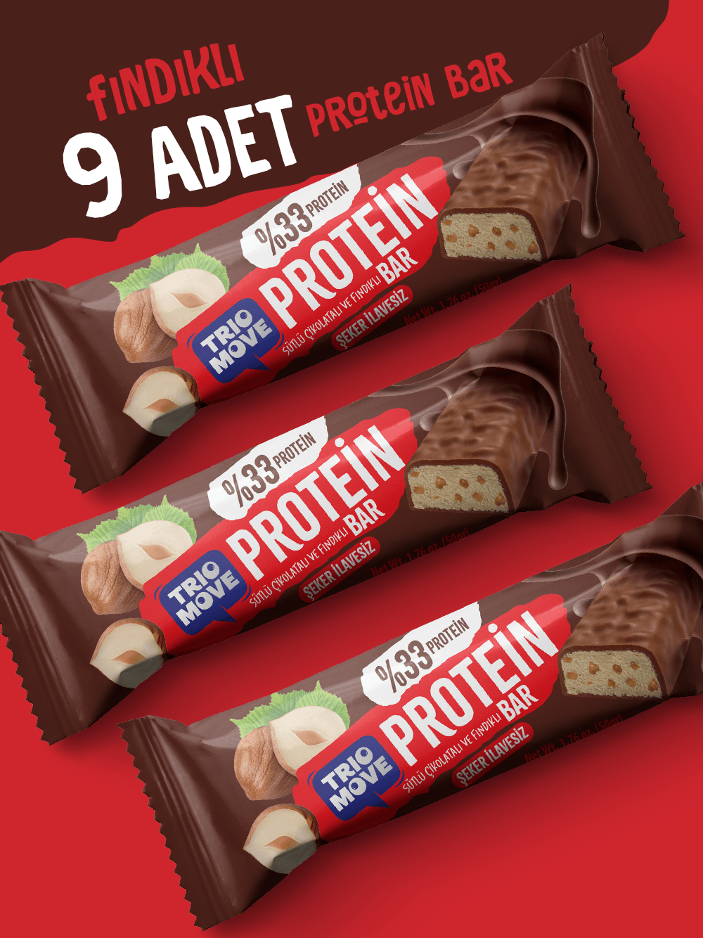 Çikolata Kaplamalı Protein Bar - Fındıklı ve Sütlü Çikolatalı, %33 Protein, 50 g x 9 Adet
