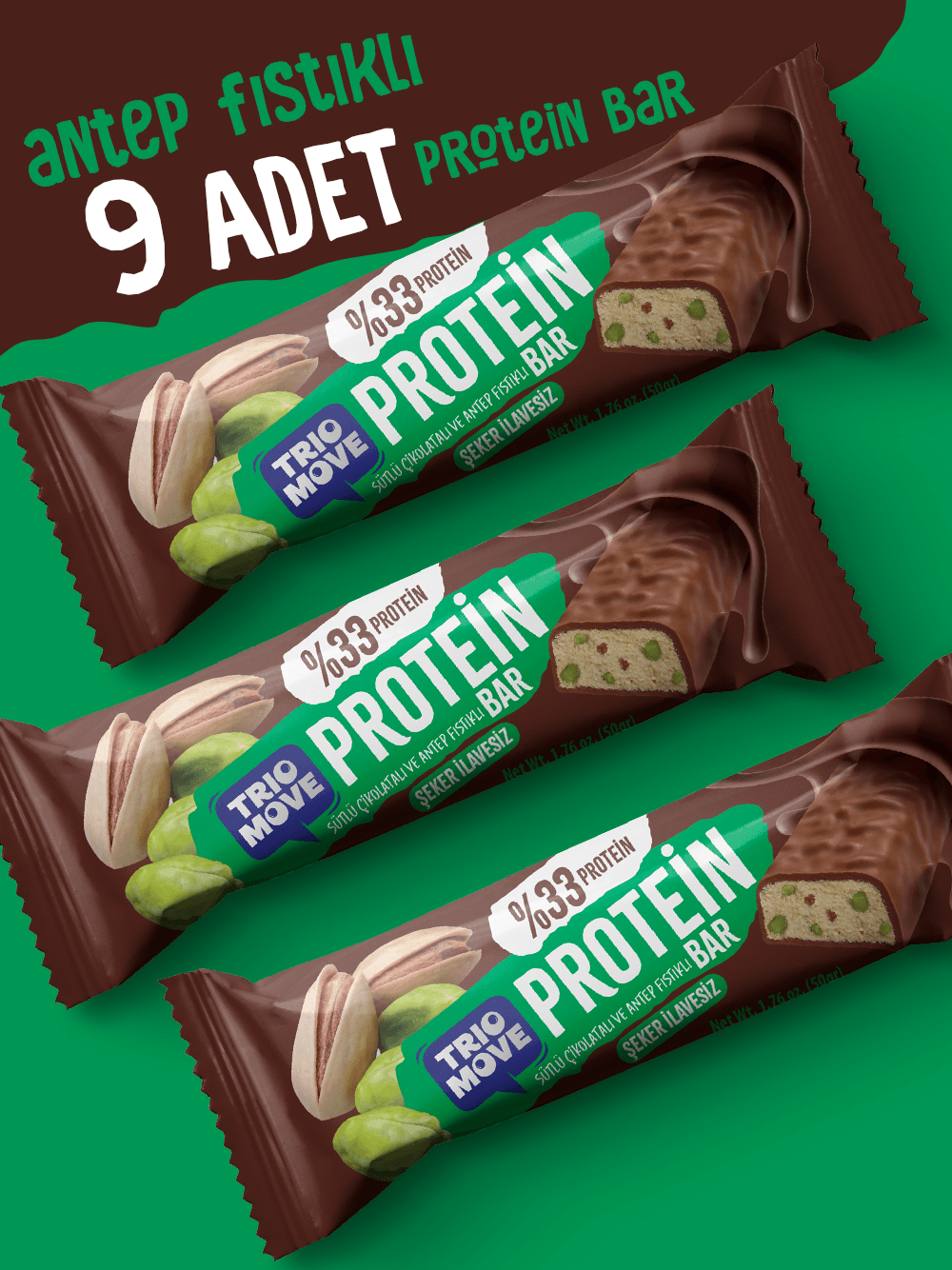 Çikolata Kaplamalı Protein Bar - Antep Fıstıklı ve Sütlü Çikolatalı, %33 Protein, 50 g x 9 Adet