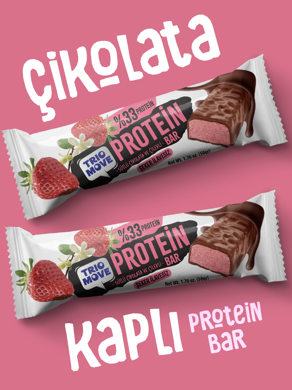 Çikolata Kaplamalı Protein Bar - Çilekli ve Sütlü Çikolatalı, %33 Protein, 50 g x 9 Adet