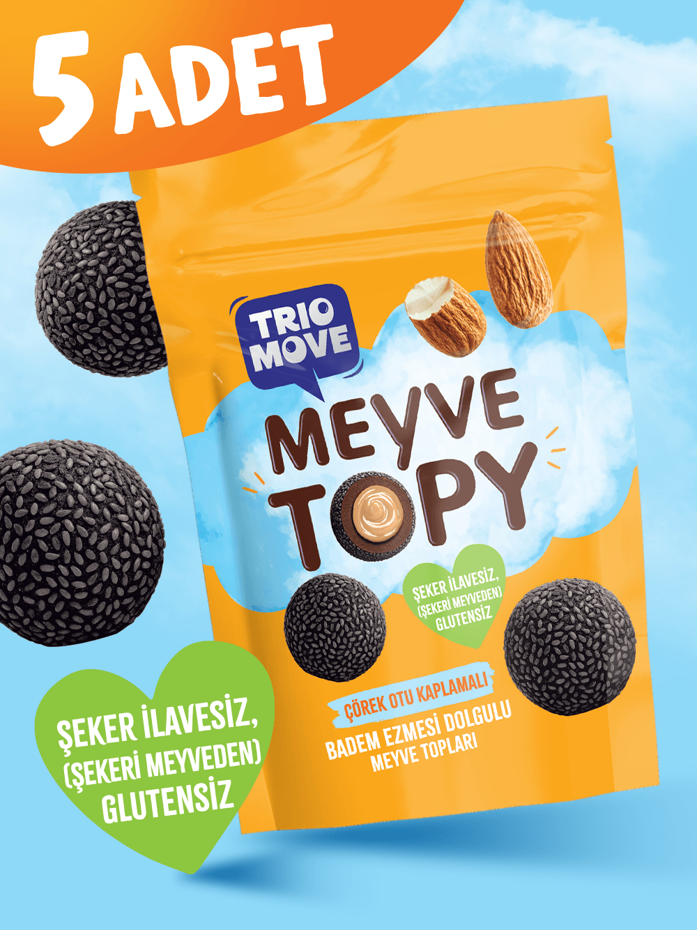 Badem  Ezmesi Dolgulu Çörek Otu Tohumu Kaplamalı Meyve Topları Trio Move