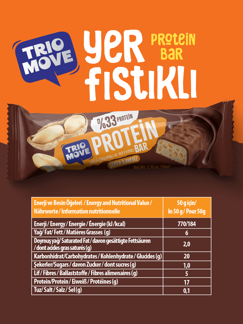 Çikolata Kaplamalı Protein Bar - Yer Fıstıklı ve Sütlü Çikolatalı, %33 Protein, 50 g x 9 Adet