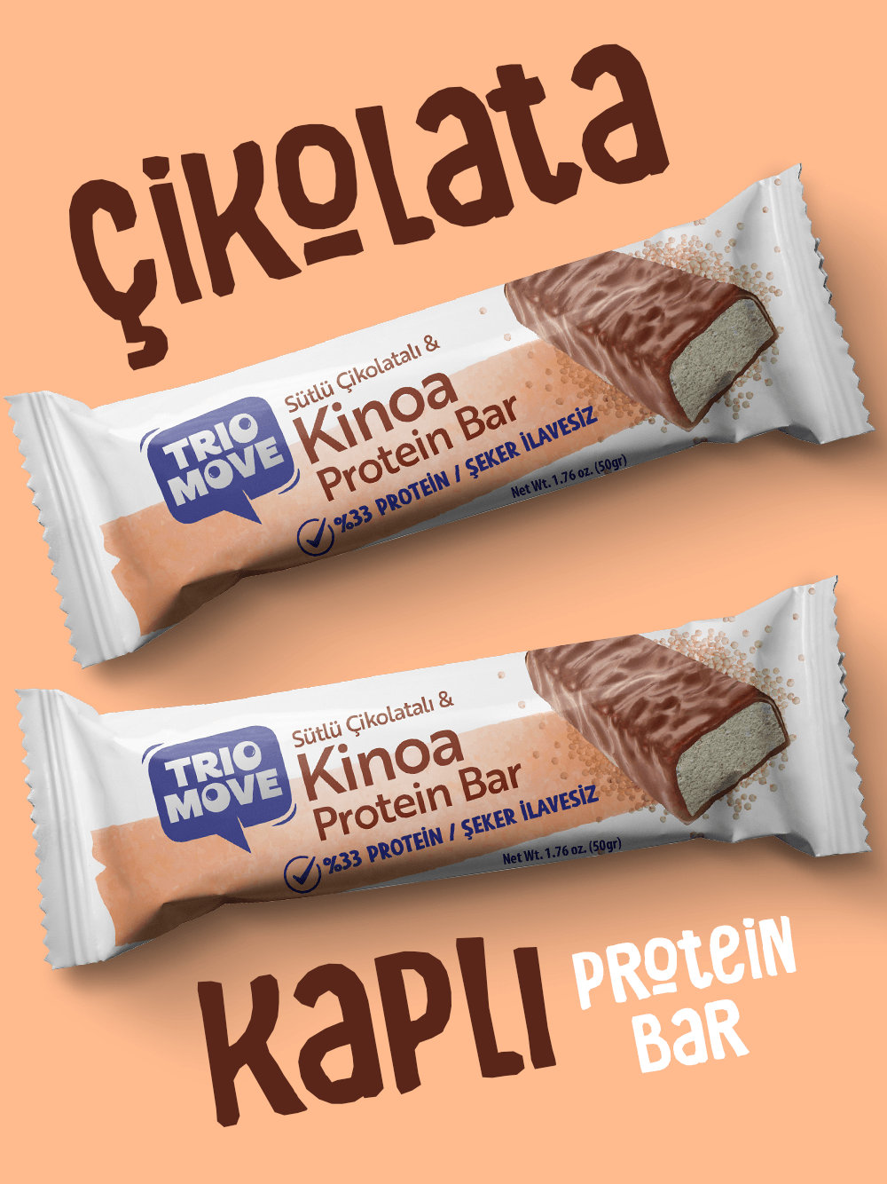 Çikolata Kaplamalı Protein Bar - Kinoa ve Sütlü Çikolatalı, %33 Protein, 50 g x 9 Adet