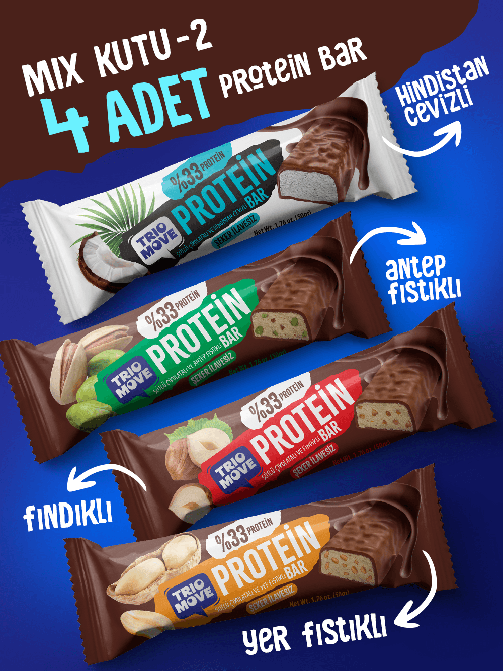 Çikolata Kaplamalı Protein Bar 4'lü Karışık Tanışma Paketi 50 gr X4 Adet (Paket 5)
