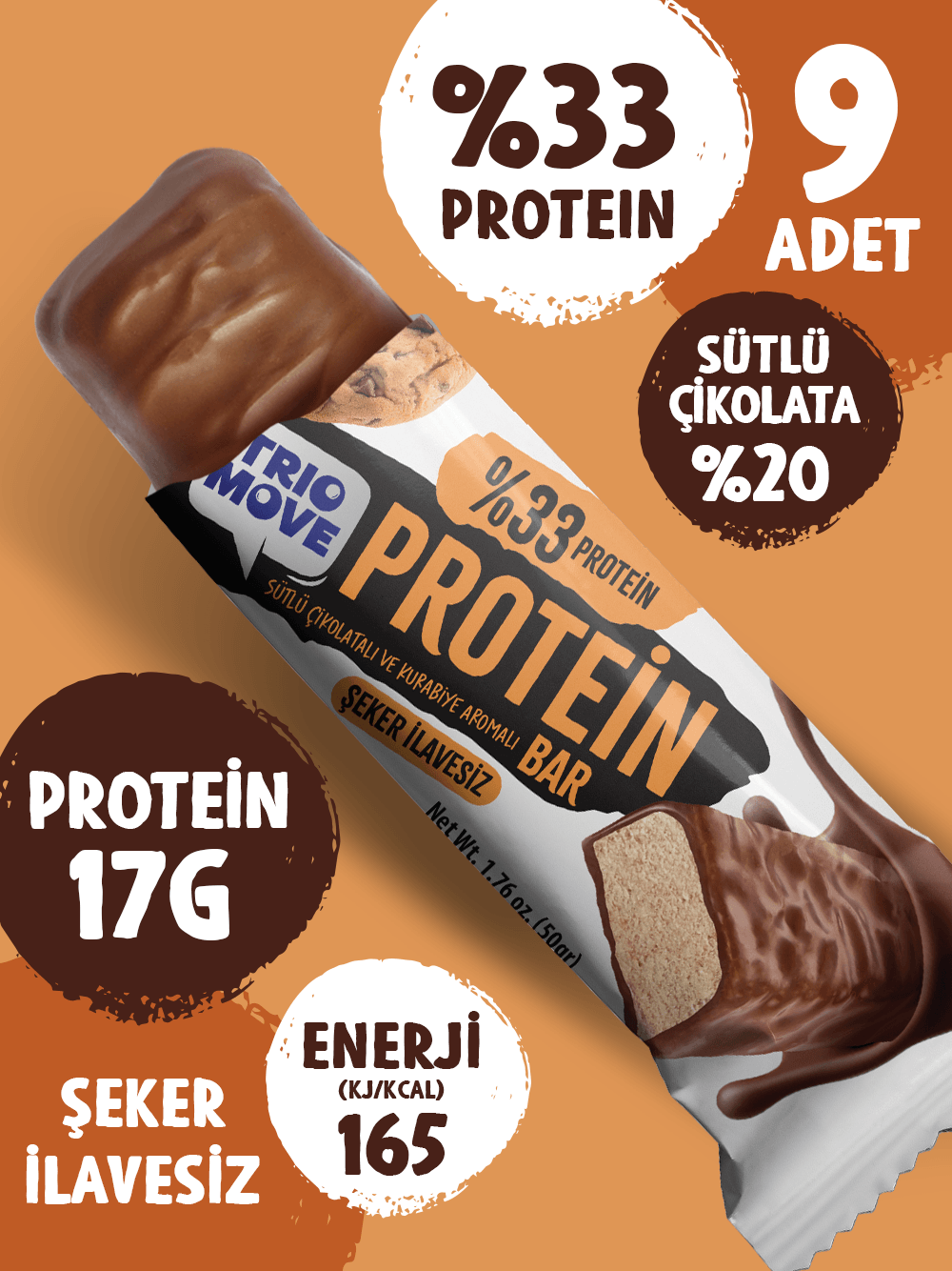 Çikolata Kaplamalı Protein Bar - Kurabiyeli ve Sütlü Çikolatalı, %33 Protein, 50 g x 9 Adet