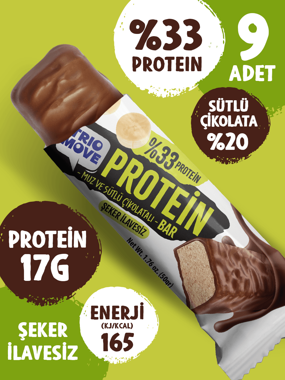Çikolata Kaplamalı Protein Bar - Muz ve Sütlü Çikolatalı, %33 Protein, 50 g x 9 Adet