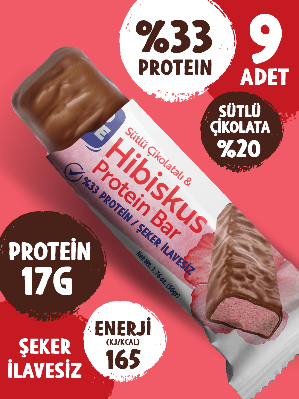 Çikolata Kaplamalı Protein Bar - Hibiskus ve Sütlü Çikolatalı, %33 Protein, 50 g x 9 Adet