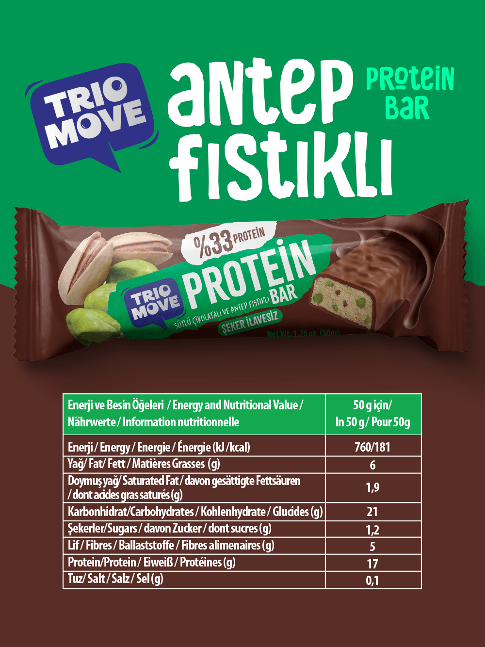 Çikolata Kaplamalı Protein Bar - Antep Fıstıklı ve Sütlü Çikolatalı, %33 Protein, 50 g x 9 Adet