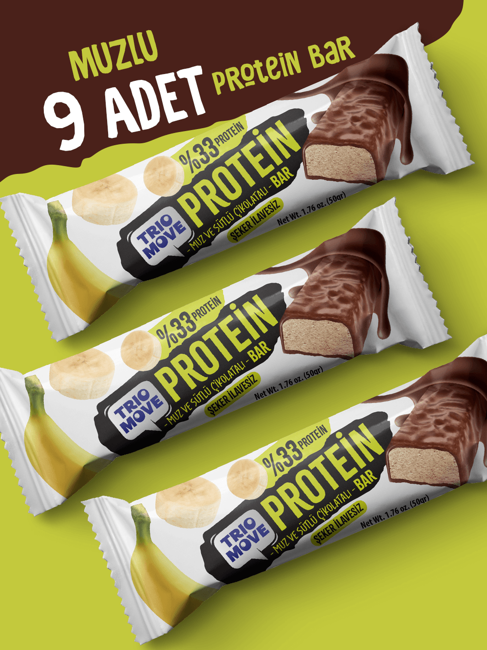 Çikolata Kaplamalı Protein Bar - Muz ve Sütlü Çikolatalı, %33 Protein, 50 g x 9 Adet
