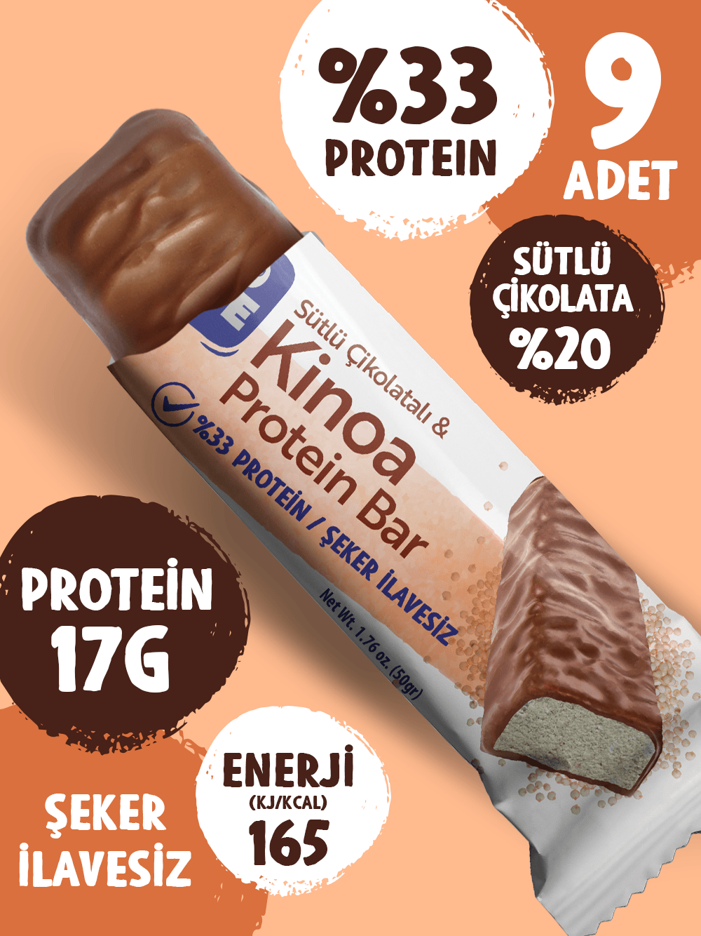 Çikolata Kaplamalı Protein Bar - Kinoa ve Sütlü Çikolatalı, %33 Protein, 50 g x 9 Adet