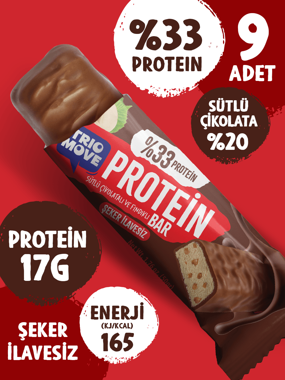 Çikolata Kaplamalı Protein Bar - Fındıklı ve Sütlü Çikolatalı, %33 Protein, 50 g x 9 Adet