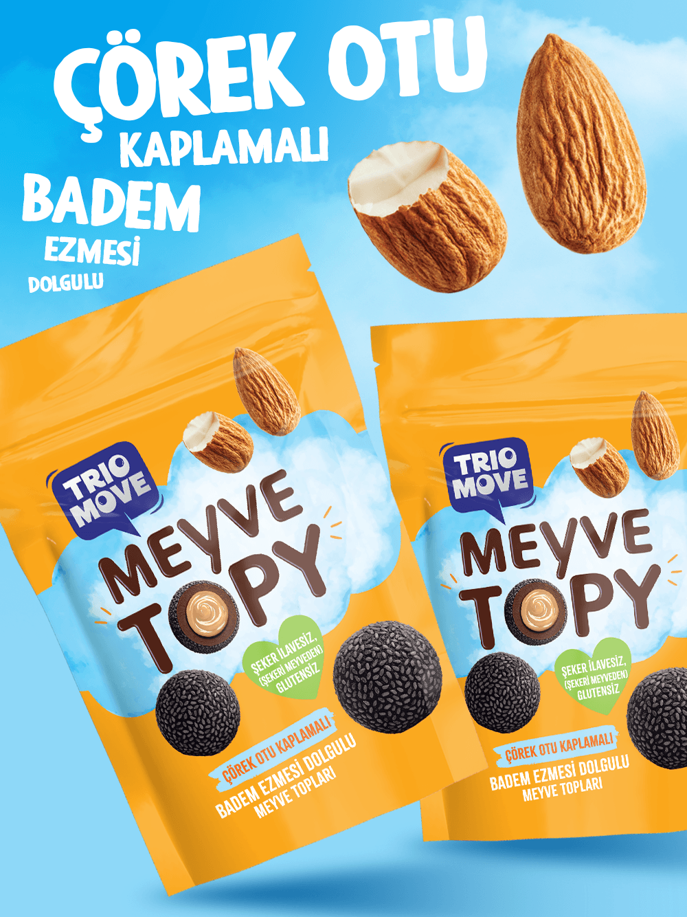Badem  Ezmesi Dolgulu Çörek Otu Tohumu Kaplamalı Meyve Topları Trio Move
