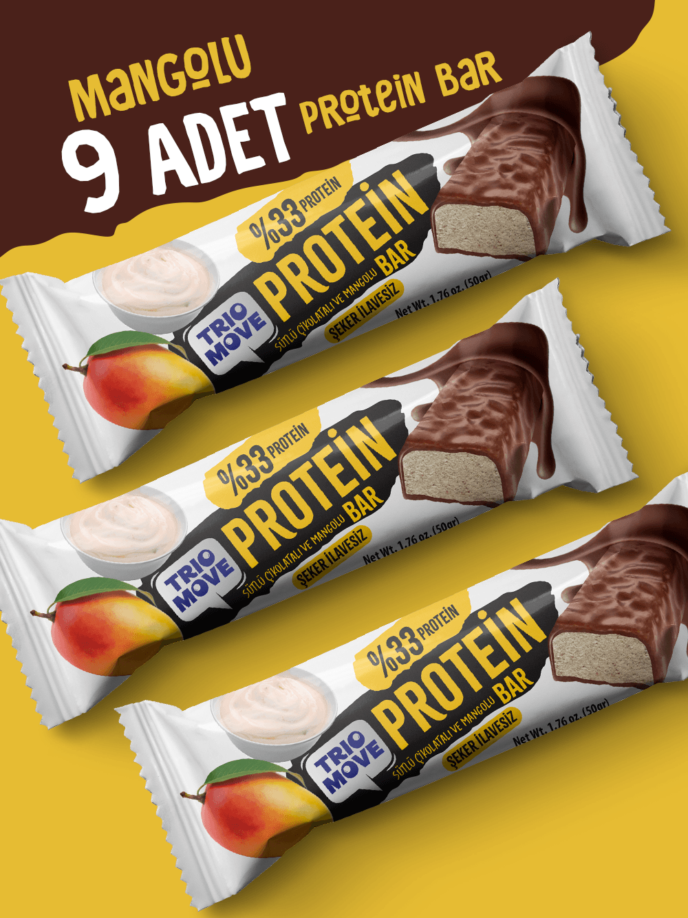 Çikolata Kaplamalı Protein Bar - Mangolu ve Sütlü Çikolatalı, %33 Protein, 50 g x 9 Adet