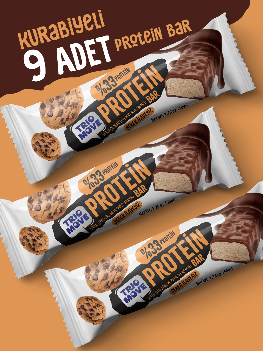 Çikolata Kaplamalı Protein Bar - Kurabiyeli ve Sütlü Çikolatalı, %33 Protein, 50 g x 9 Adet