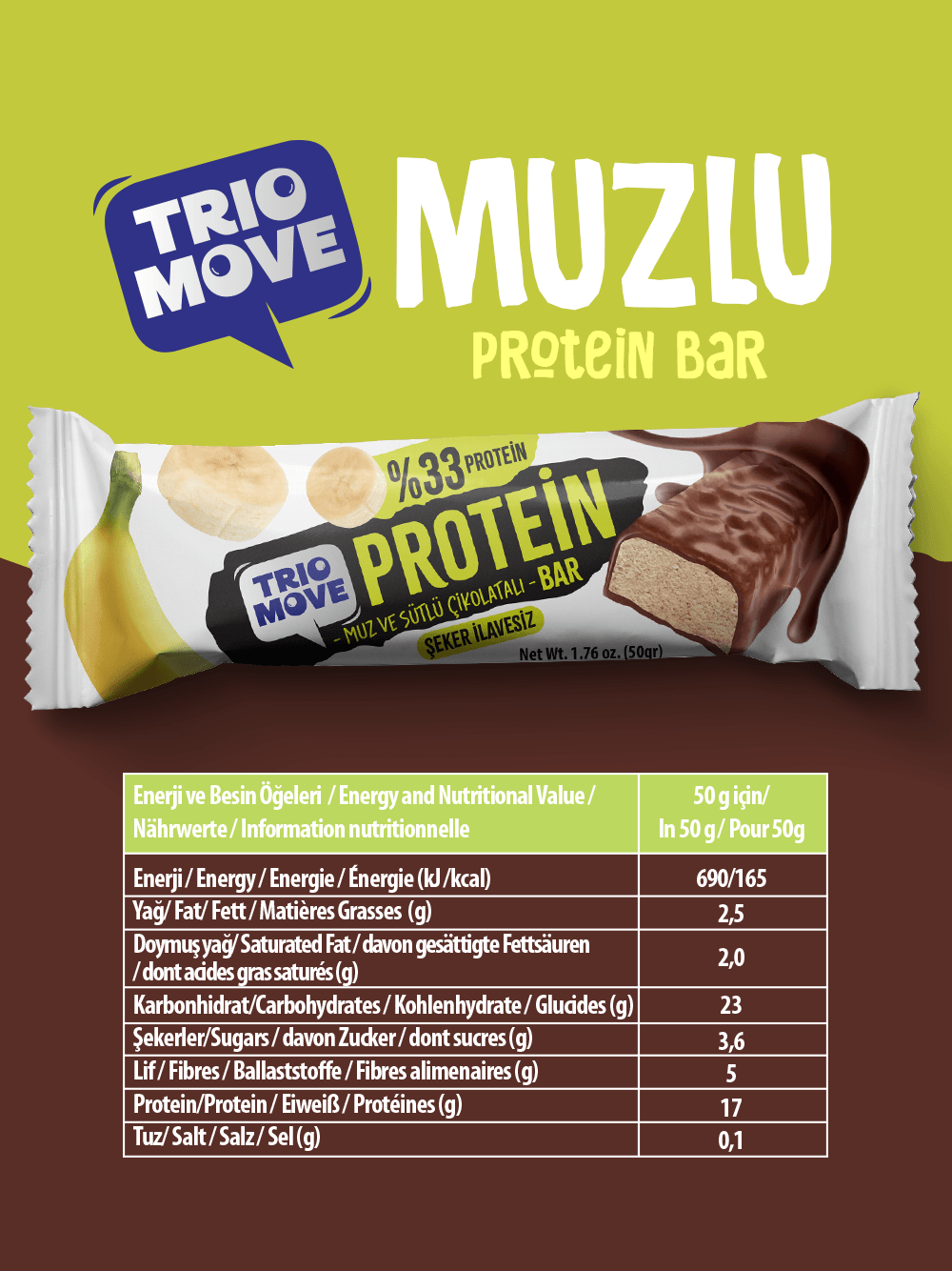 Çikolata Kaplamalı Protein Bar - Muz ve Sütlü Çikolatalı, %33 Protein, 50 g x 9 Adet
