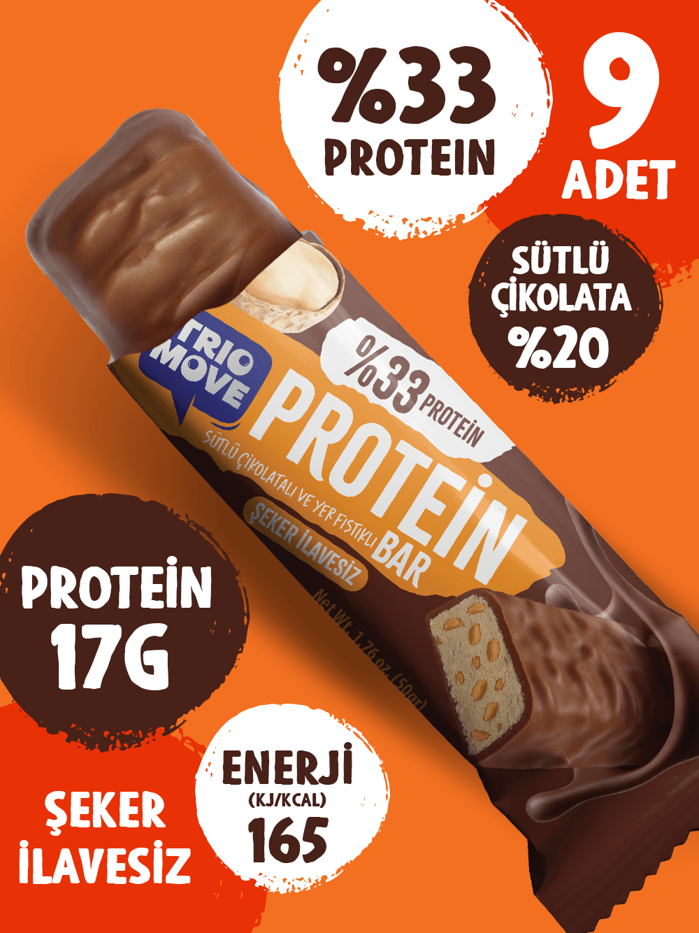 Çikolata Kaplamalı Protein Bar - Yer Fıstıklı ve Sütlü Çikolatalı, %33 Protein, 50 g x 9 Adet