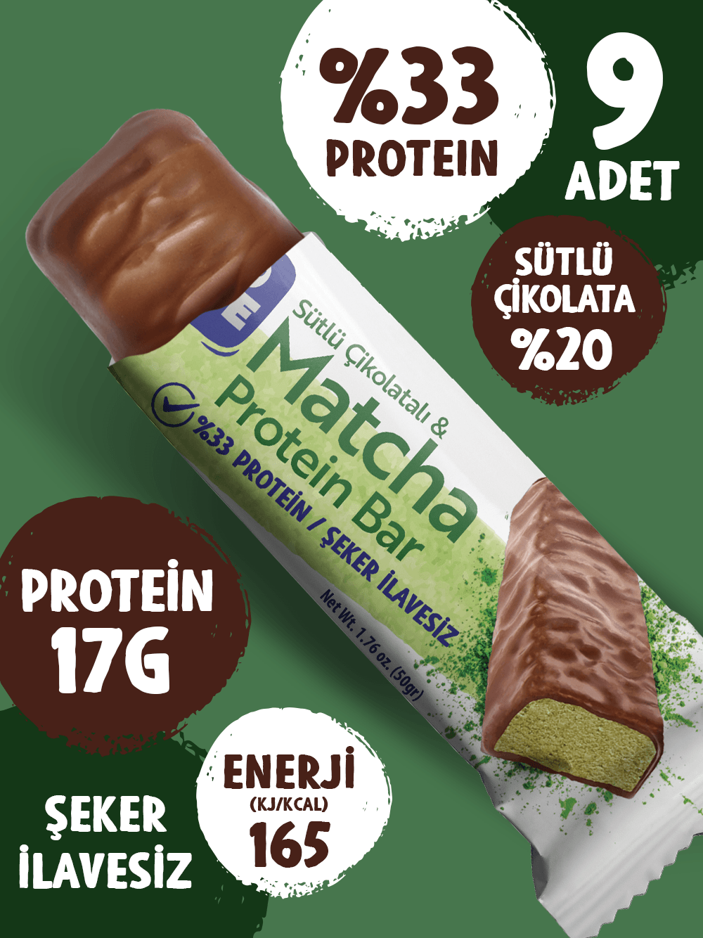 Çikolata Kaplamalı Protein Bar - Matcha ve Sütlü Çikolatalı, %33 Protein, 50 g x 9 Adet