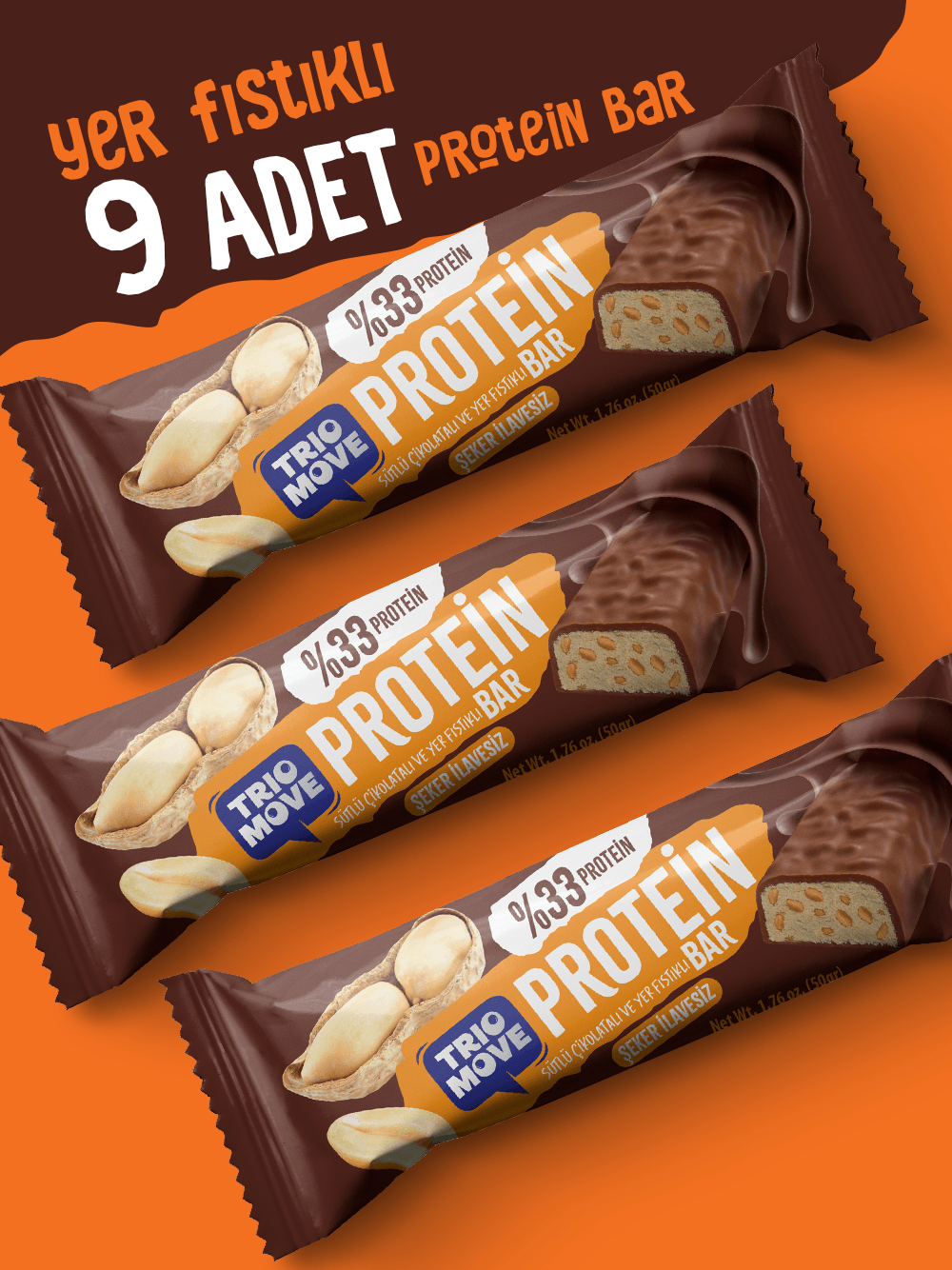 Çikolata Kaplamalı Protein Bar - Yer Fıstıklı ve Sütlü Çikolatalı, %33 Protein, 50 g x 9 Adet