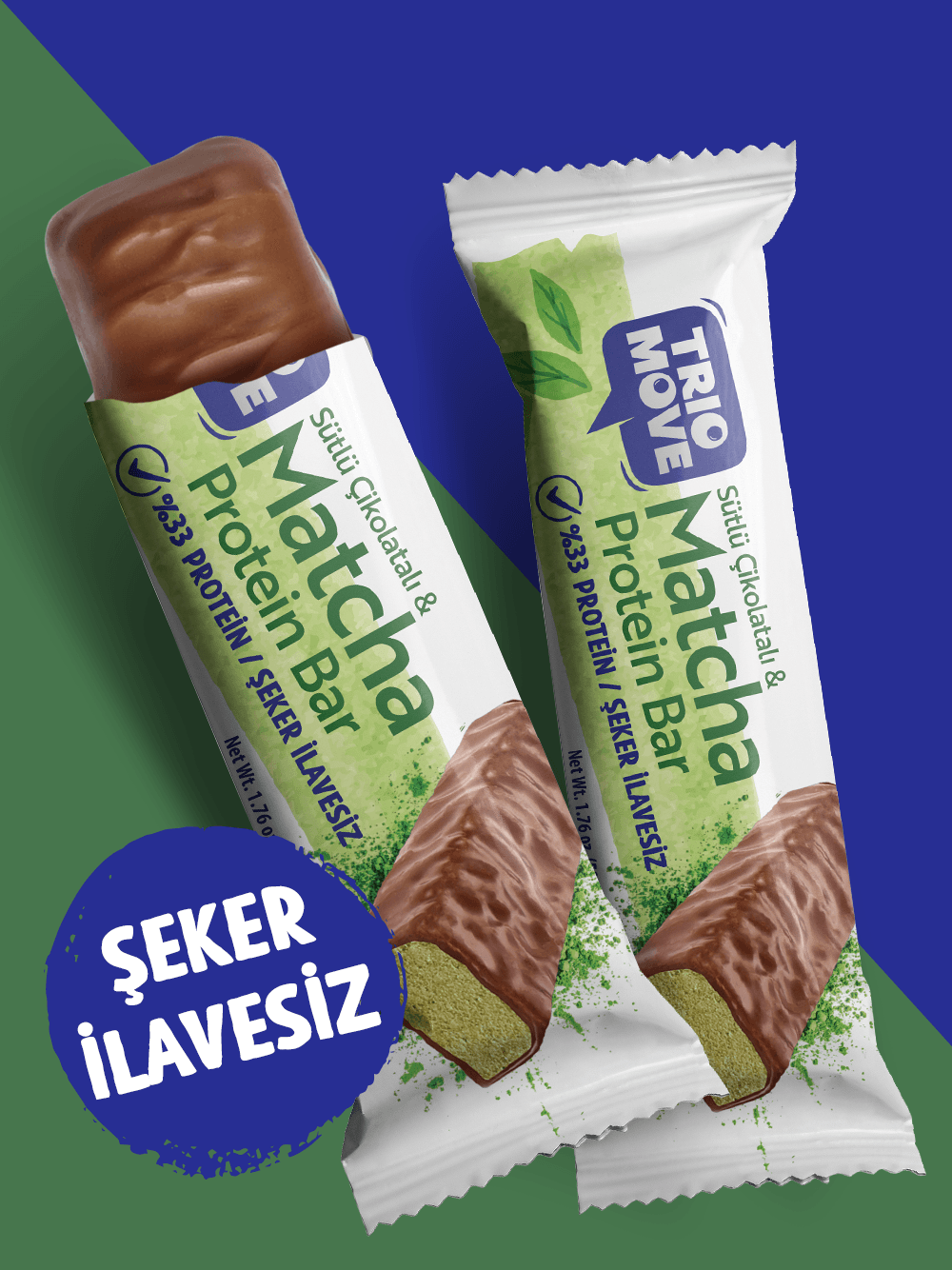 Çikolata Kaplamalı Protein Bar - Matcha ve Sütlü Çikolatalı, %33 Protein, 50 g x 9 Adet