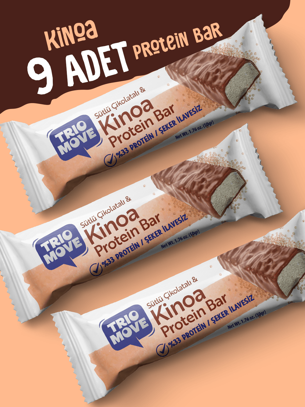 Çikolata Kaplamalı Protein Bar - Kinoa ve Sütlü Çikolatalı, %33 Protein, 50 g x 9 Adet