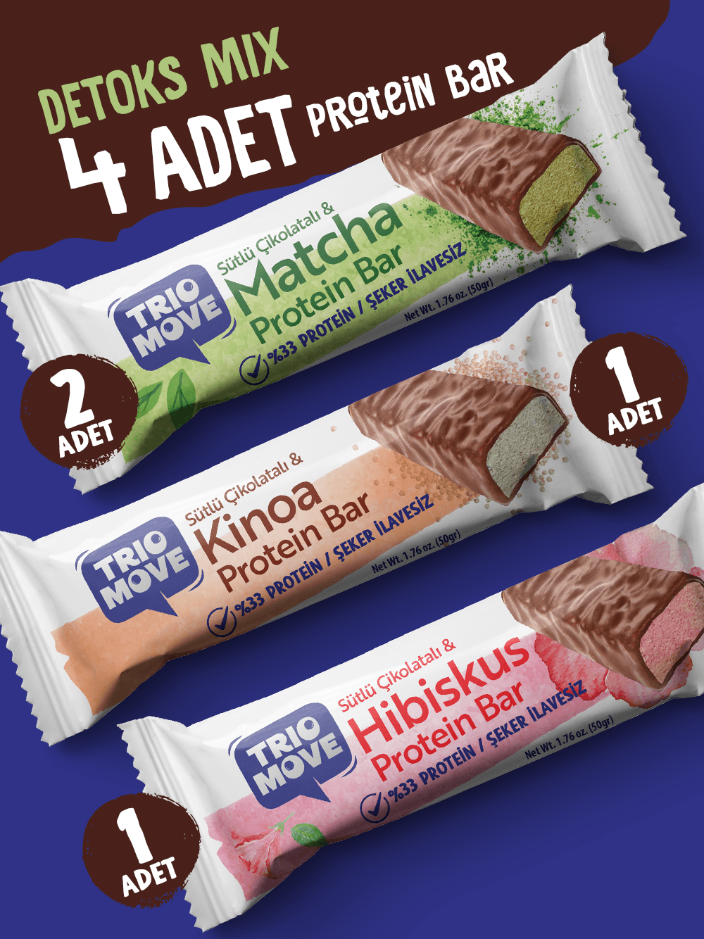 Çikolata Kaplamalı Detoks Protein Bar 4'lü Karışık Tanışma Paketi 50 gr X4 Adet (Paket 3)