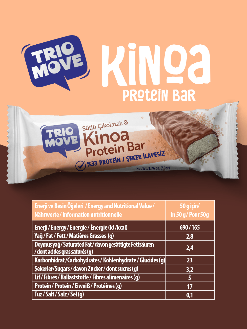 Çikolata Kaplamalı Protein Bar - Kinoa ve Sütlü Çikolatalı, %33 Protein, 50 g x 9 Adet