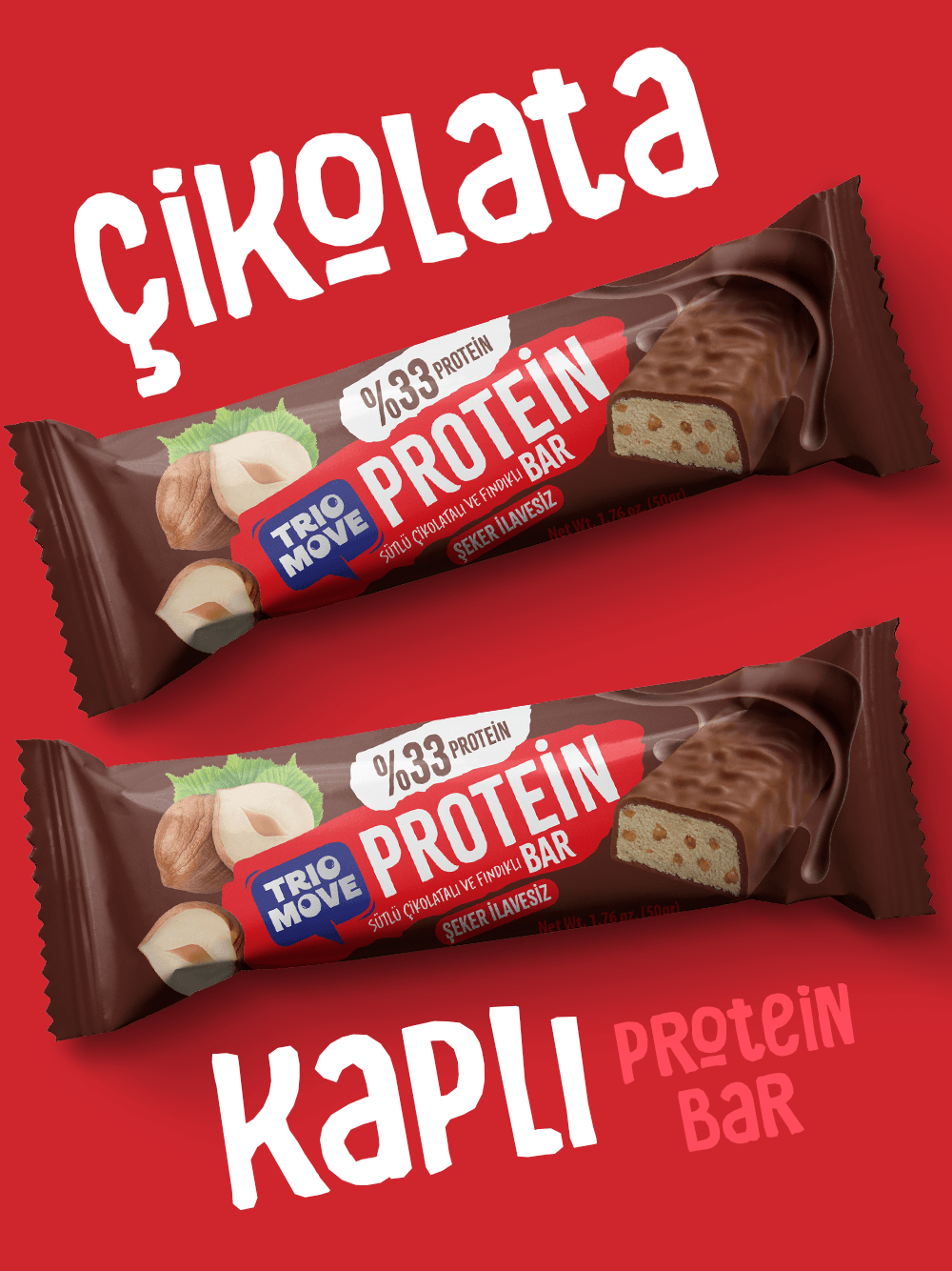 Çikolata Kaplamalı Protein Bar - Fındıklı ve Sütlü Çikolatalı, %33 Protein, 50 g x 9 Adet