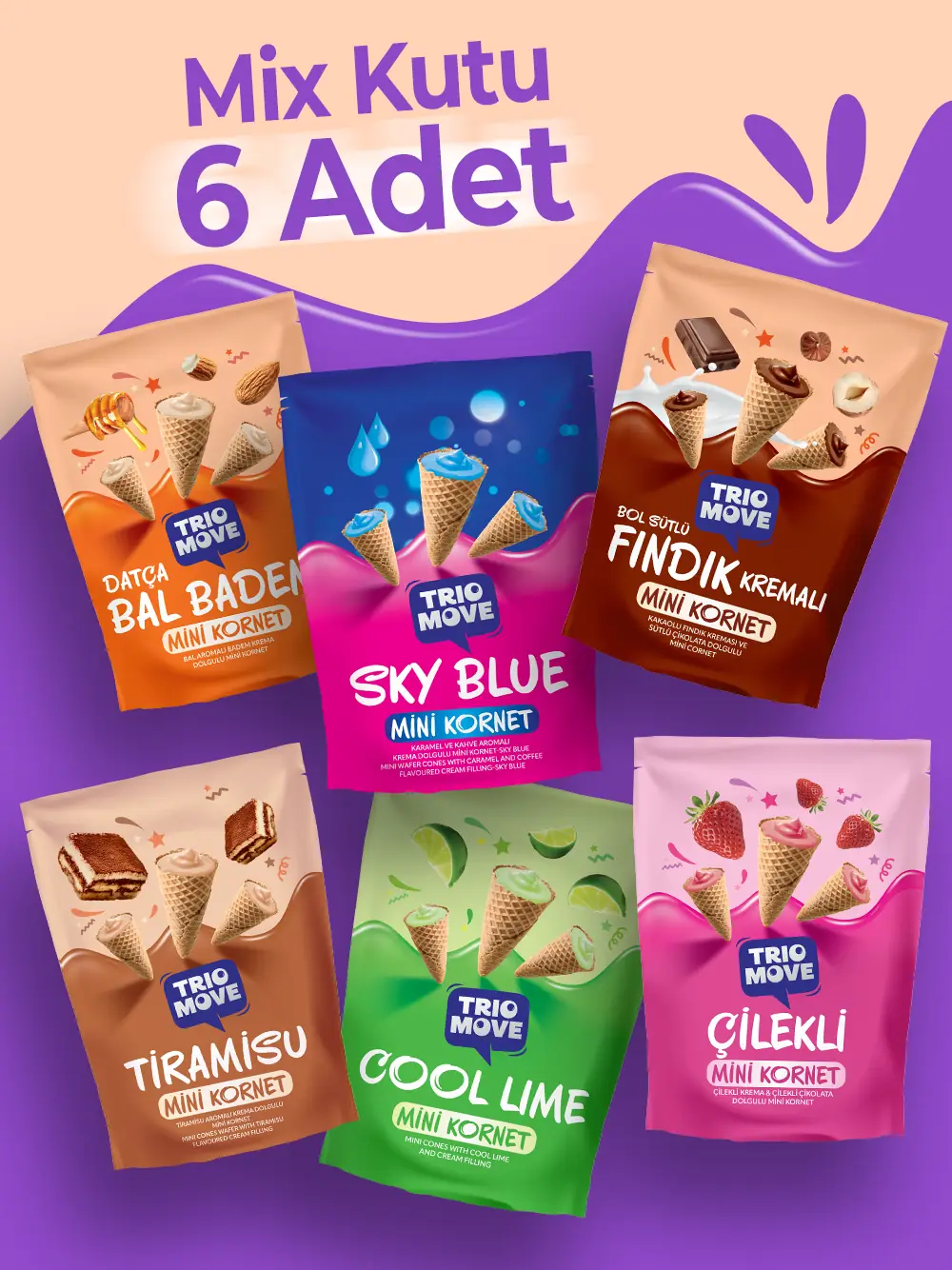 Trio Move Mini Kornet - 6 Lı Karışık Paket