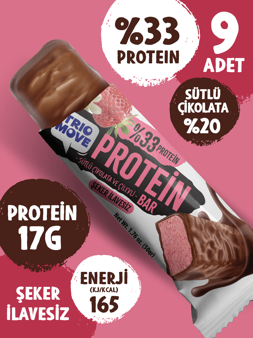 Çikolata Kaplamalı Protein Bar - Çilekli ve Sütlü Çikolatalı, %33 Protein, 50 g x 9 Adet