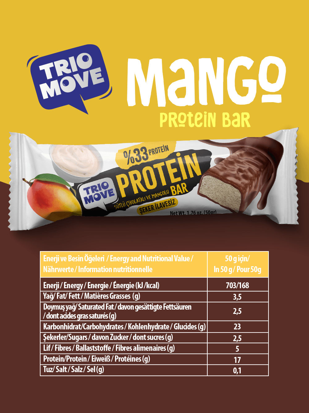 Çikolata Kaplamalı Protein Bar - Mangolu ve Sütlü Çikolatalı, %33 Protein, 50 g x 9 Adet