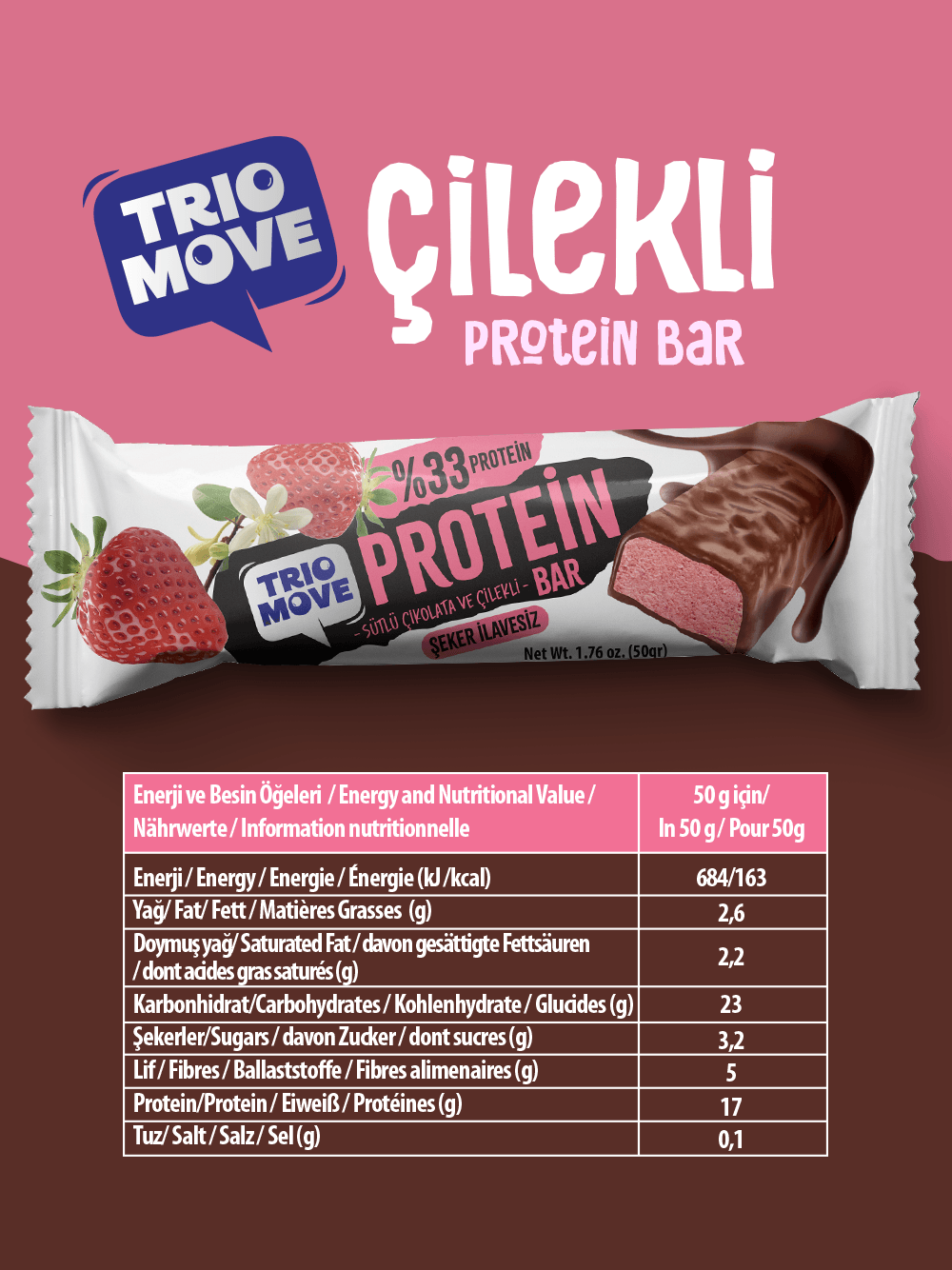 Çikolata Kaplamalı Protein Bar - Çilekli ve Sütlü Çikolatalı, %33 Protein, 50 g x 9 Adet