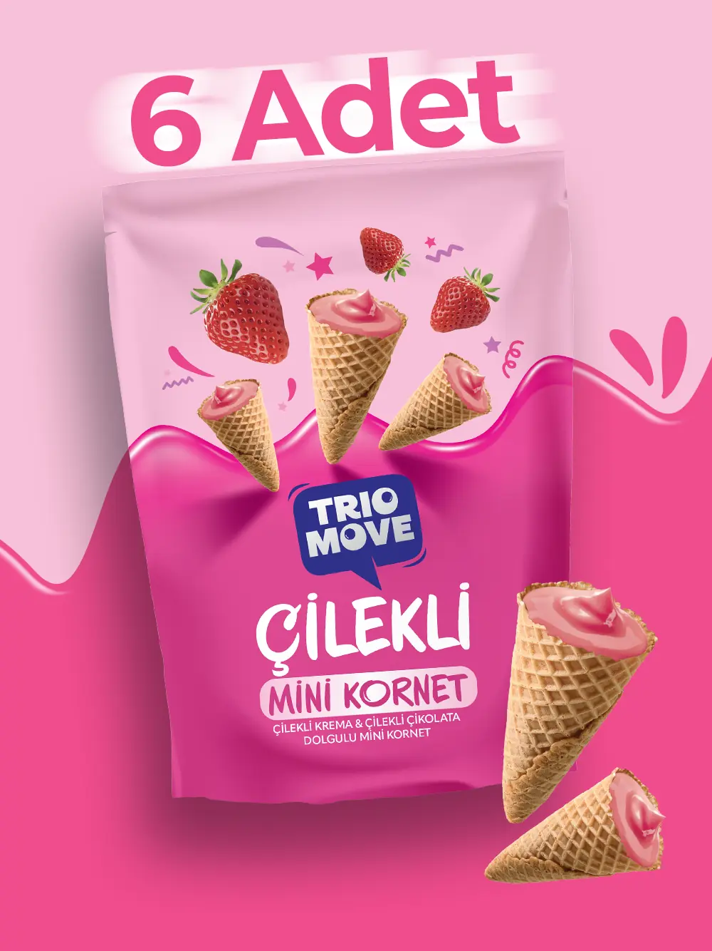 Trio Move Mini Kornet-Çilekli Krema, Çilekli Çikolatalı