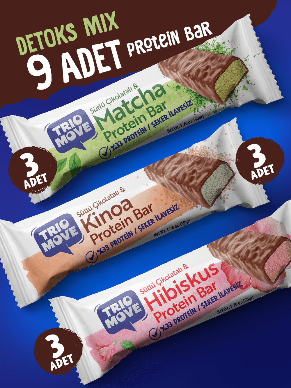 Çikolata Kaplamalı Detoks Protein Bar 9'lu Karışık Tanışma Paketi 50 gr X9 Adet (Paket 4)