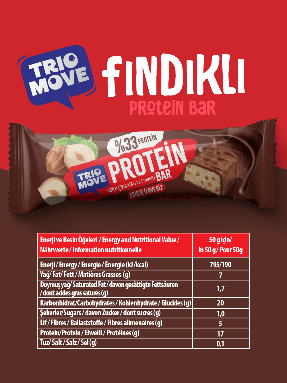 Çikolata Kaplamalı Protein Bar - Fındıklı ve Sütlü Çikolatalı, %33 Protein, 50 g x 9 Adet
