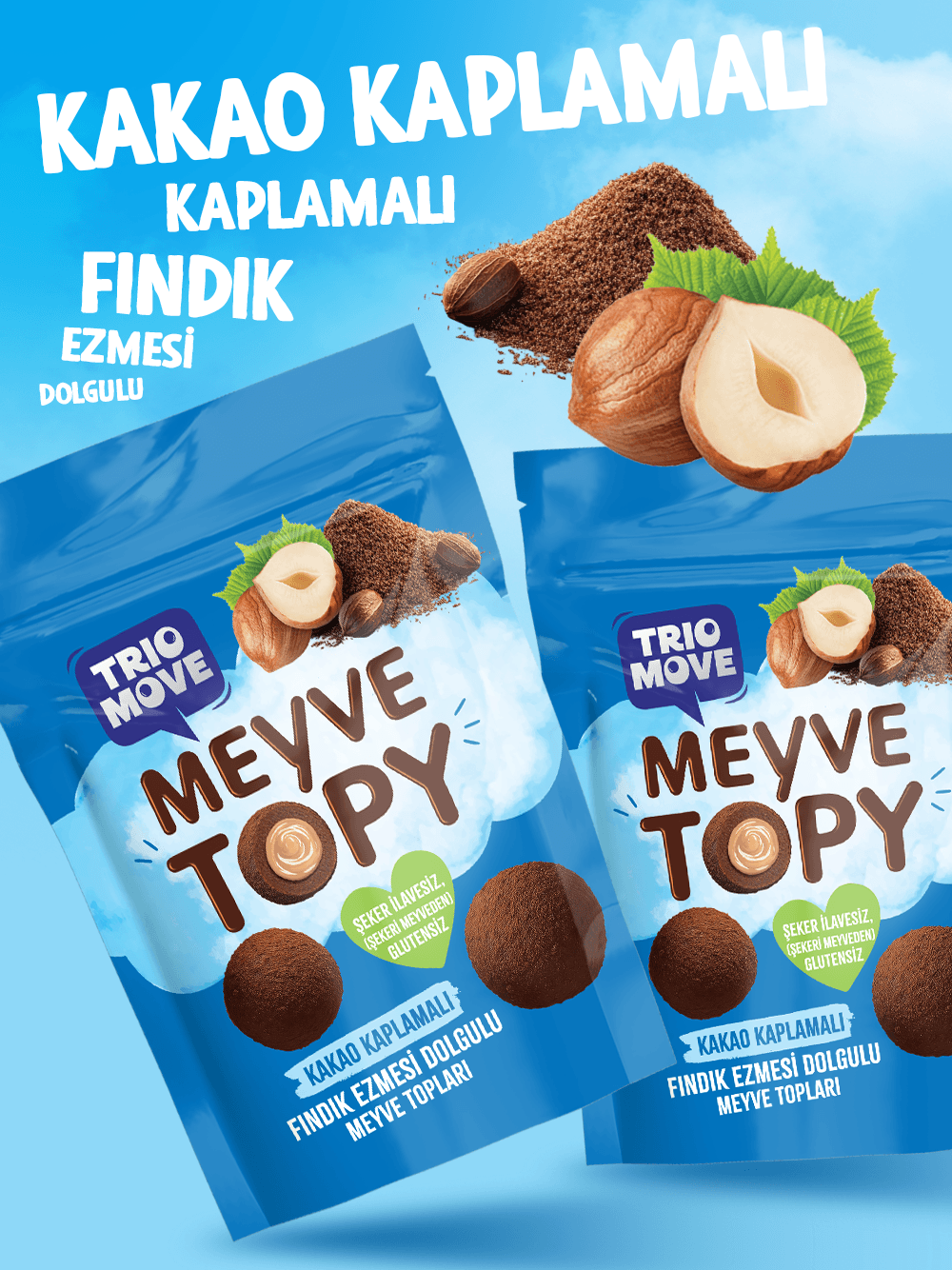 Fındık  Ezmesi Dolgulu Kakao Tozu Kaplamalı Meyve Topları Trio Move