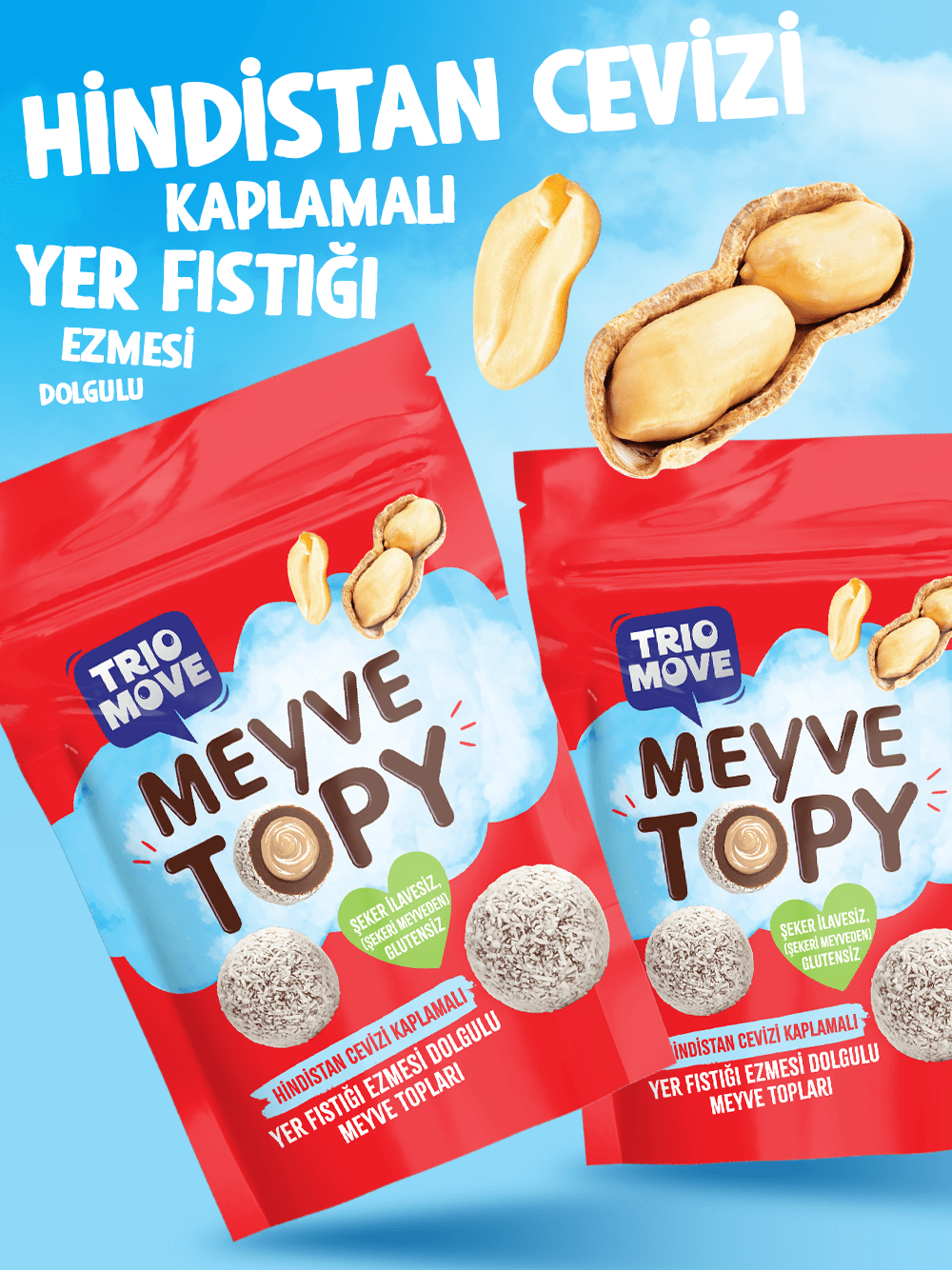 Yer Fıstığı  Ezmesi Dolgulu Hindistan Cevizi Kaplamalı Kakaolu  Meyve Topları Trio Move