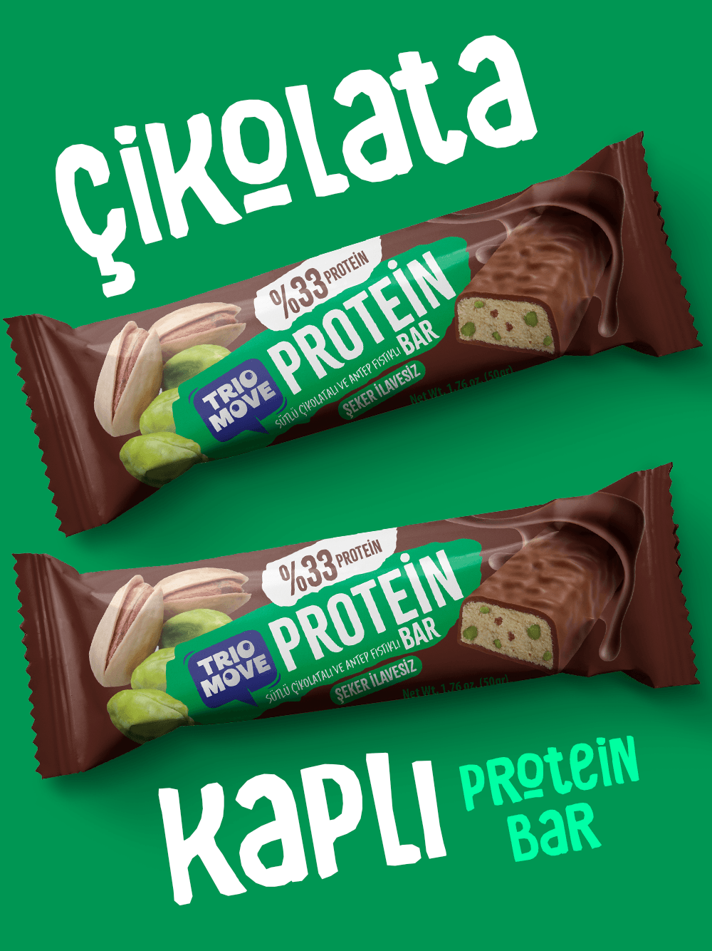 Çikolata Kaplamalı Protein Bar - Antep Fıstıklı ve Sütlü Çikolatalı, %33 Protein, 50 g x 9 Adet