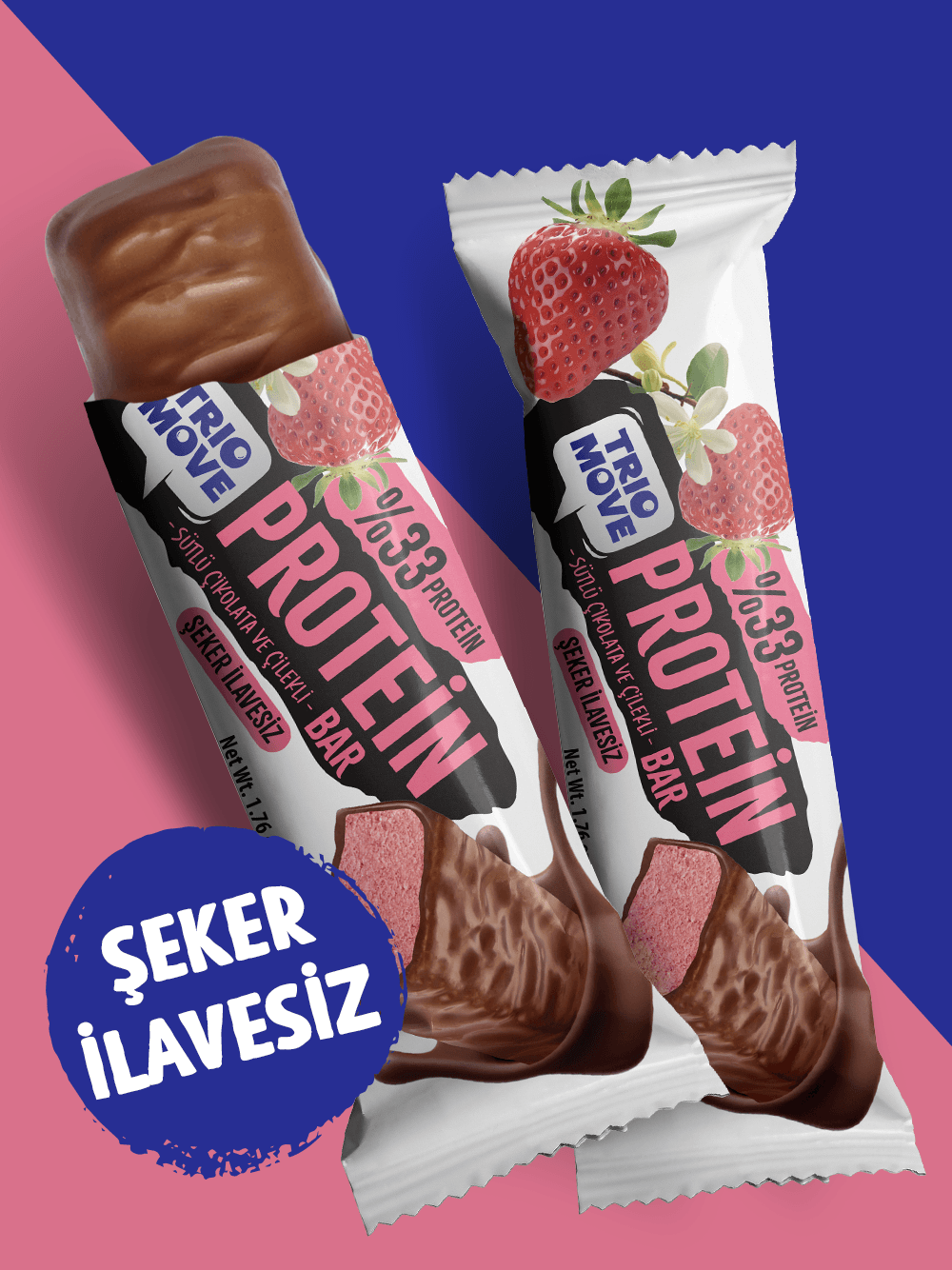 Çikolata Kaplamalı Protein Bar - Çilekli ve Sütlü Çikolatalı, %33 Protein, 50 g x 9 Adet