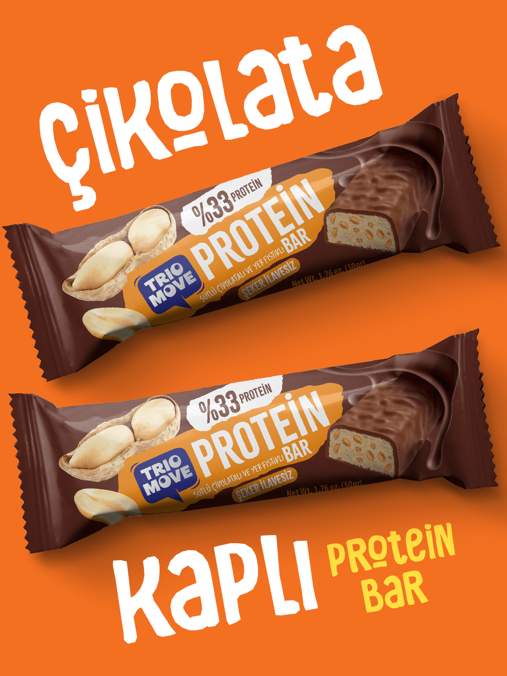 Çikolata Kaplamalı Protein Bar - Yer Fıstıklı ve Sütlü Çikolatalı, %33 Protein, 50 g x 9 Adet