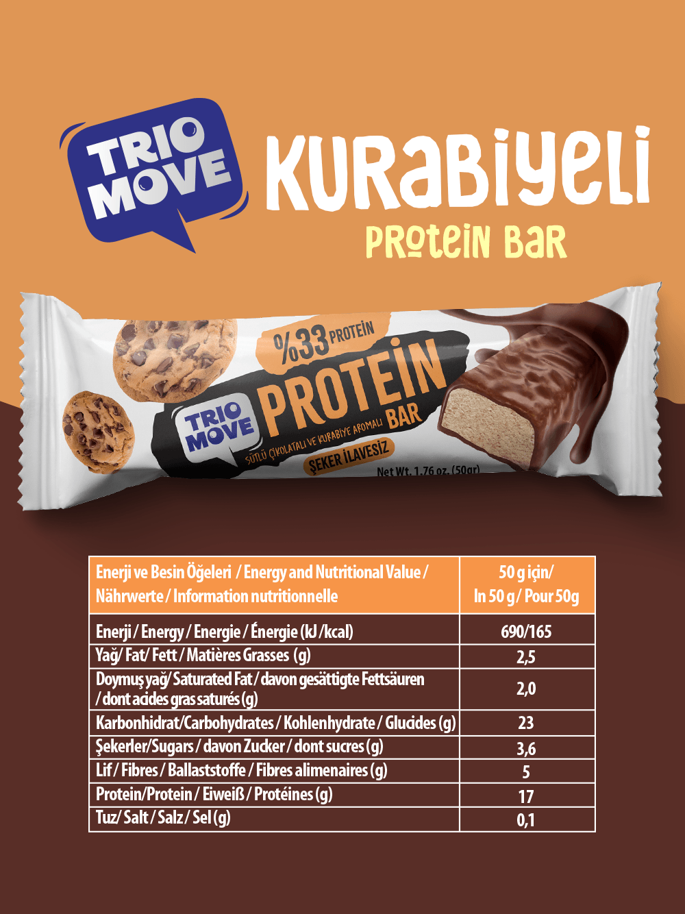 Çikolata Kaplamalı Protein Bar - Kurabiyeli ve Sütlü Çikolatalı, %33 Protein, 50 g x 9 Adet