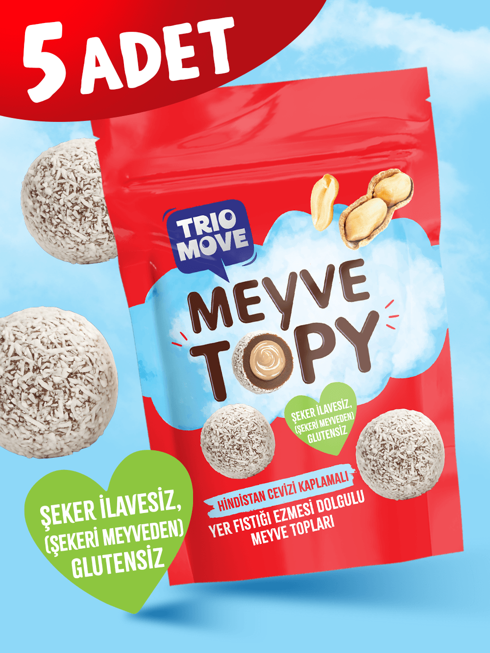 Yer Fıstığı  Ezmesi Dolgulu Hindistan Cevizi Kaplamalı Kakaolu  Meyve Topları Trio Move
