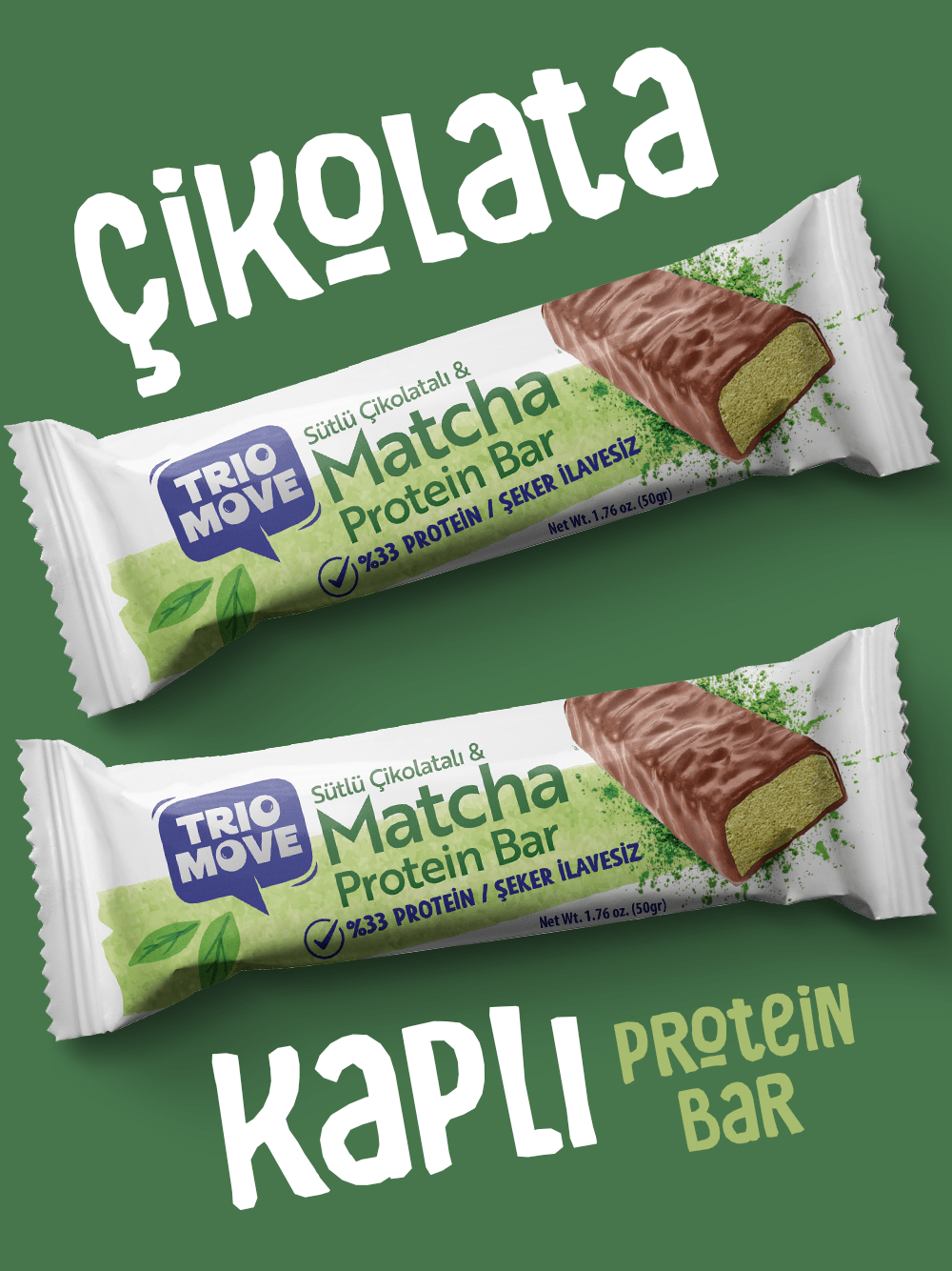 Çikolata Kaplamalı Protein Bar - Matcha ve Sütlü Çikolatalı, %33 Protein, 50 g x 9 Adet