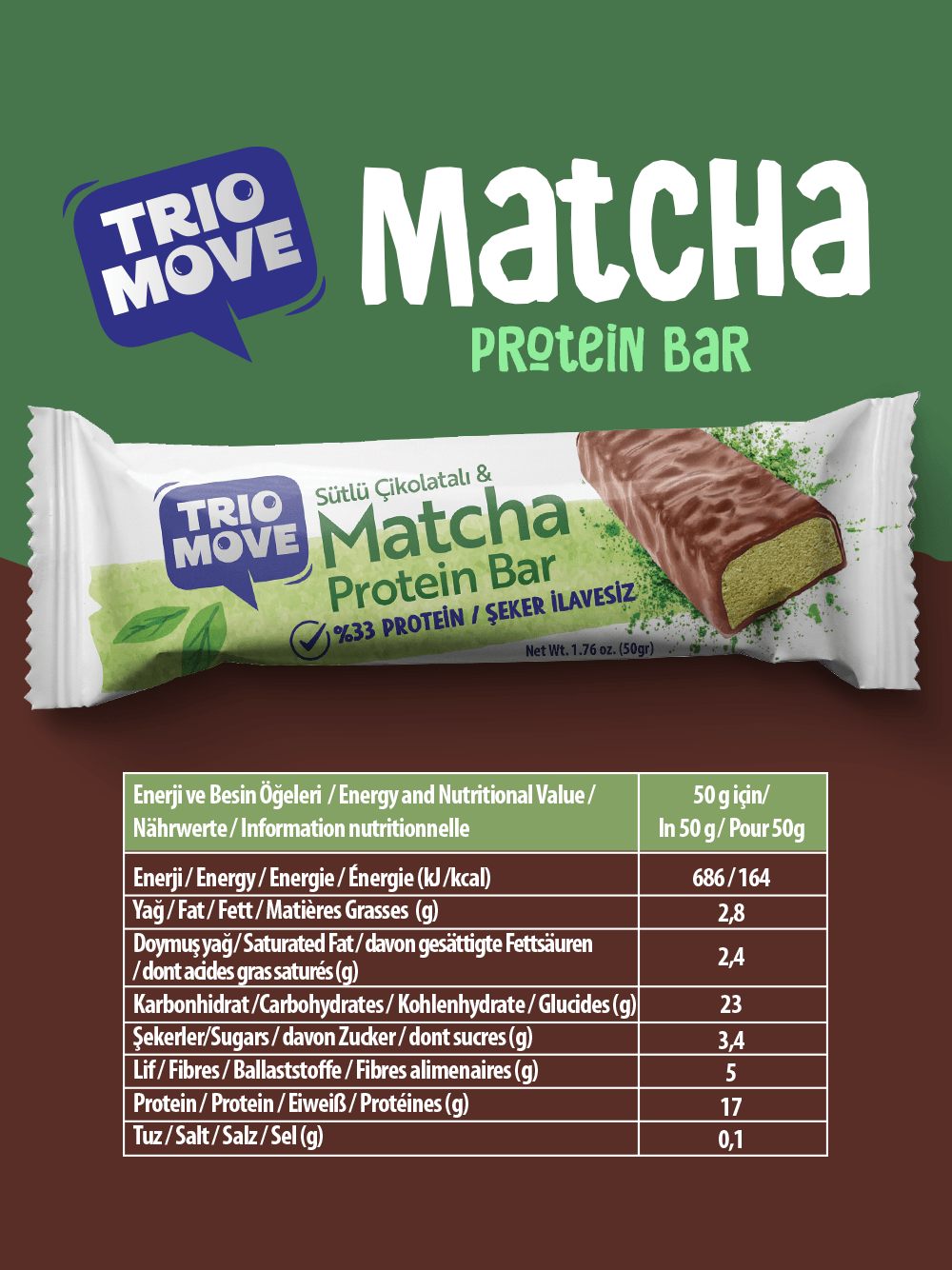 Çikolata Kaplamalı Protein Bar - Matcha ve Sütlü Çikolatalı, %33 Protein, 50 g x 9 Adet