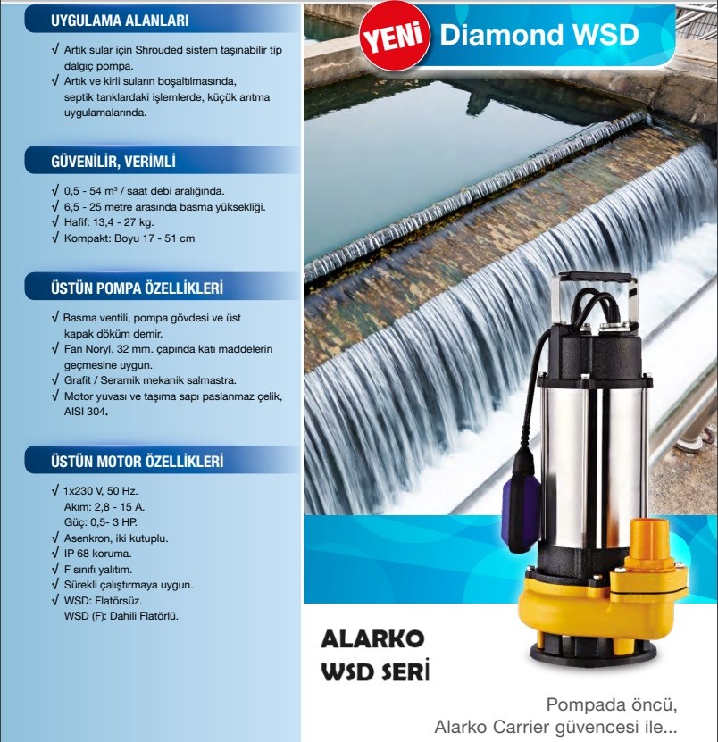 Alarko Diamond Wsd 22-14 Kirli Pis Foseptik Ve Atık Su Dalgıç Pompası (1 Hp - 220 Volt) Döküm Gövdeli / Açık Fanlı / Flatörlü (Şamandıralı)